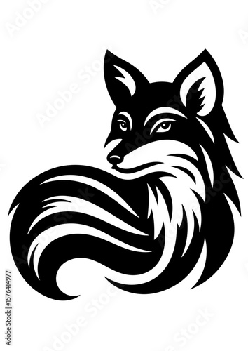 A black and white fox is isolated on white background