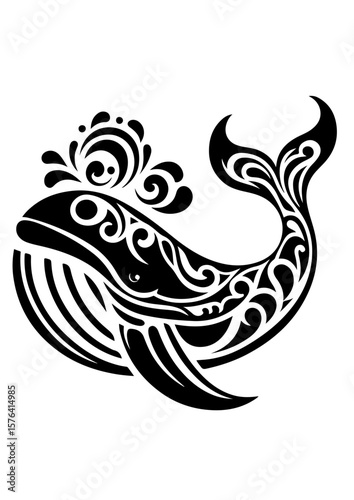 A decorative whale with ornate patterns and tribal designs illustration