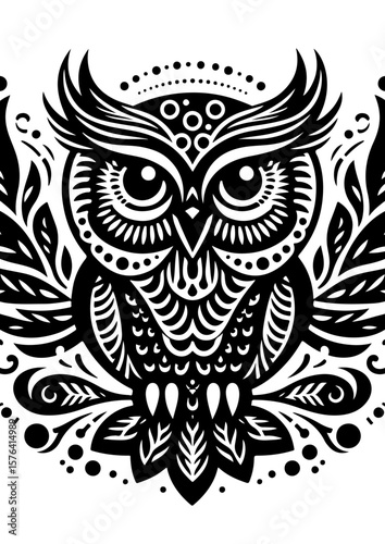 A black and white owl is isolated on white background