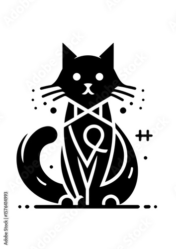 A black and white cat is isolated on white background