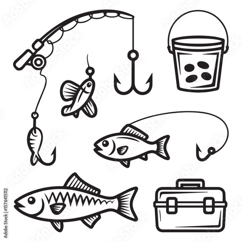 A collection of fishingthemed icons featuring fish, fishing rods, hooks, bait, buckets, and tackle boxes