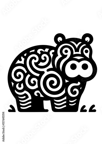 A decorative hippo with ornate patterns isolated on white background