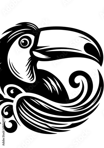 A black and white illustration of a toucan bird