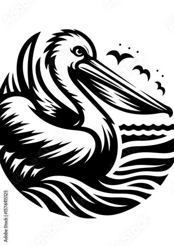 A black and white drawing of a pelican over the ocean