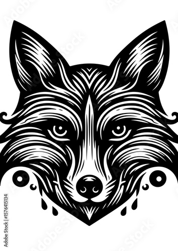 A black and white illustration of a fox face