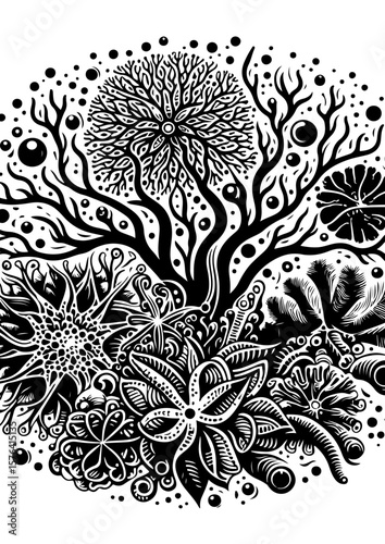 A black and white illustration of a tree and star anise