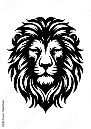 A majestic lion head with a thick mane, isolated on white background