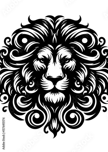 A decorative lion head with an ornate mane, isolated on white background