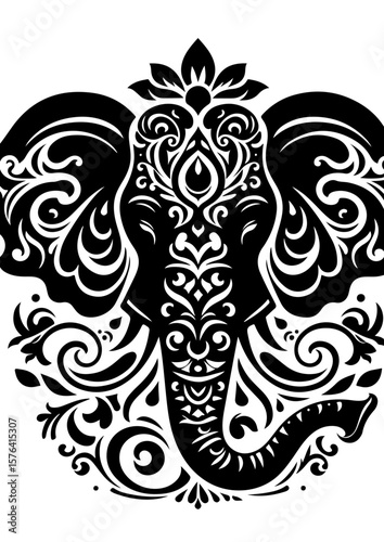 An ornate elephant with floral patterns is isolated on white background
