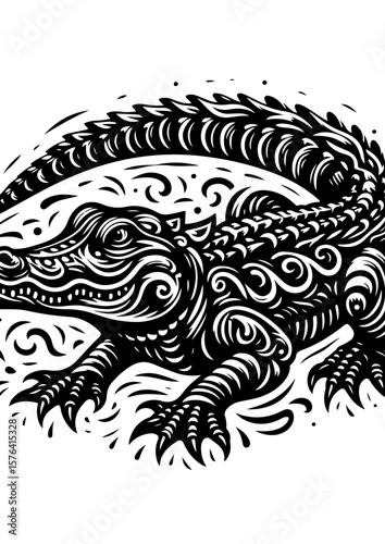 A detailed black and white illustration of an alligator