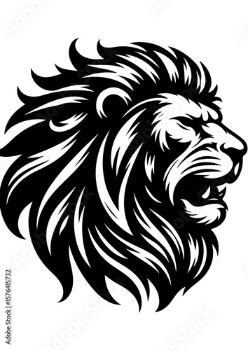 A monochrome lion head roars fiercely, displaying its powerful mane
