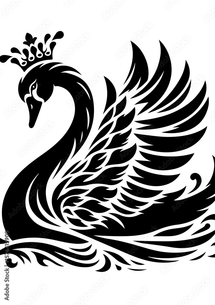 Obraz premium A black and white swan with a crown swims in the water