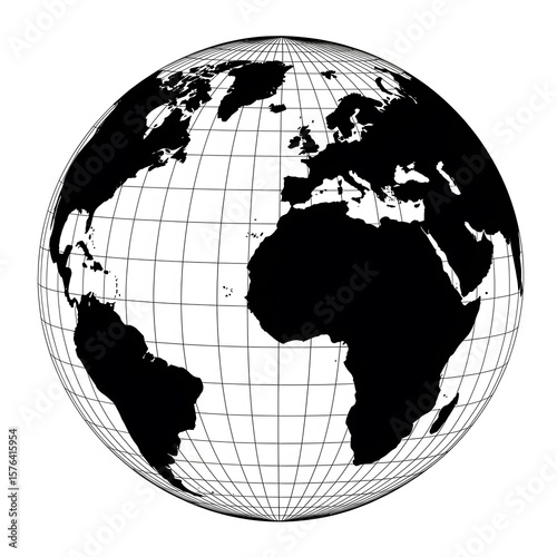 A Black and White Illustration of the Earth Globe with Grid Lines Showing Continents
