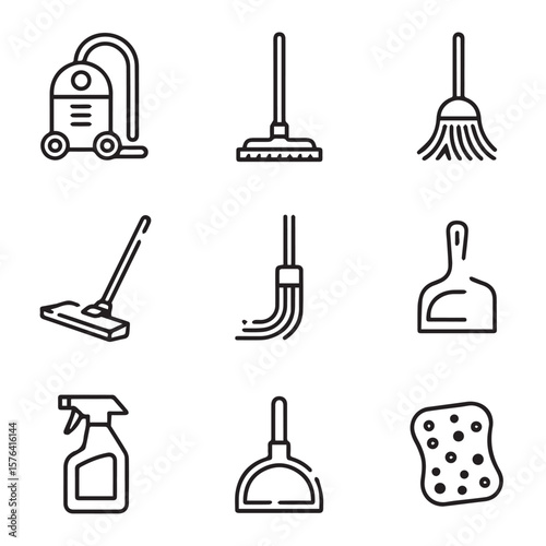 A comprehensive set of cleaning icons, featuring essential tools like vacuums, mops, brooms, and spray bottles for a spotless home