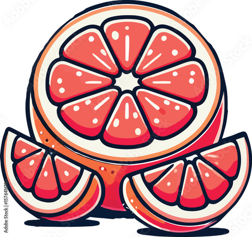 Vibrant cartoon illustration of a freshly sliced grapefruit and two juicy wedges