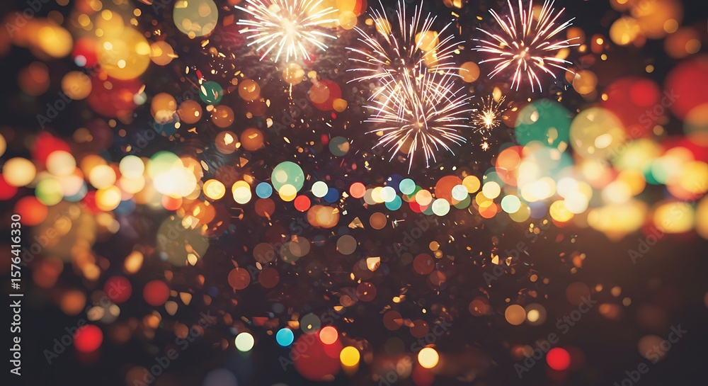 Obraz premium Sparkling Fireworks Display Over Colorful Bokeh Background for Festive Celebrations