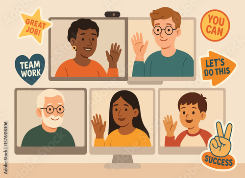 online meeting with the team with motivational words. Vector