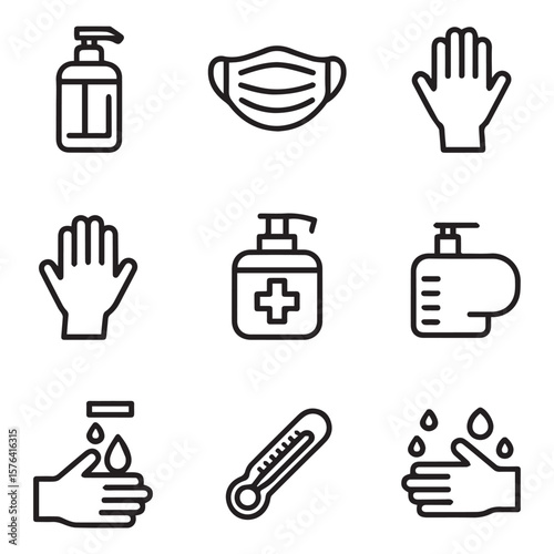 A collection of hygiene and health icons, including hand sanitizer, face mask, gloves, and thermometer, emphasizing cleanliness and safety