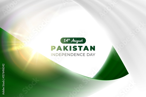 Pakistan flag theme white green wavy ribbon flow design on white background. 14 August Independence Day Pakistan text, color line flyng effect abstract background. Fabric folds web banner design