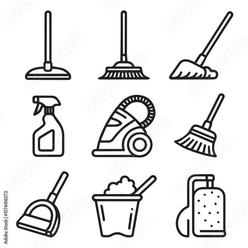 A set of nine cleaning icons featuring a vacuum cleaner, broom, mop, spray bottle, bucket, and scoop for household chores