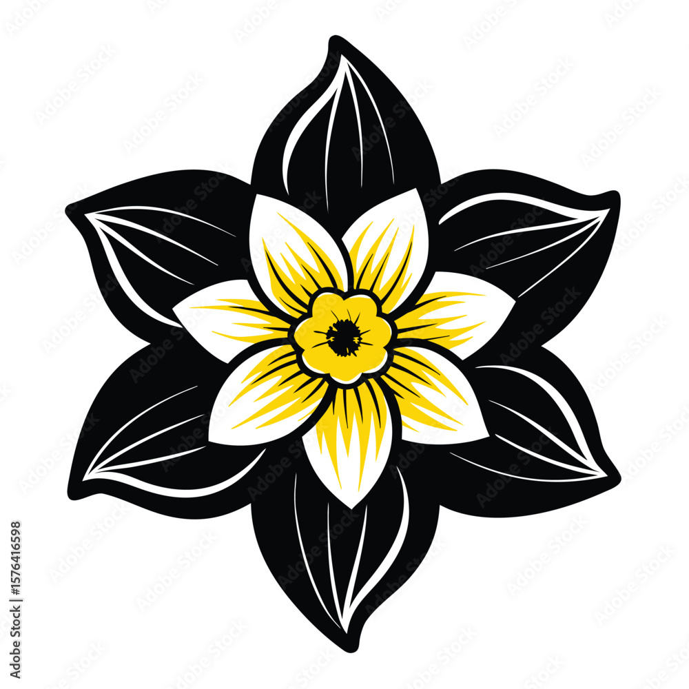 Obraz premium Stylized black and yellow daffodil flower with white accents bloom floral