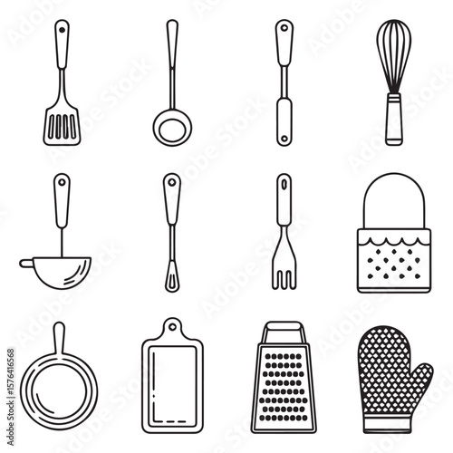 A collection of kitchen utensils and cooking tools, including a whisk, spatula, ladle, grater, and frying pan, presented as line art icons