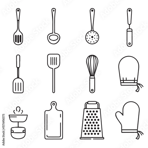 A collection of kitchen utensils and cooking tools illustrated in a simple line art style
