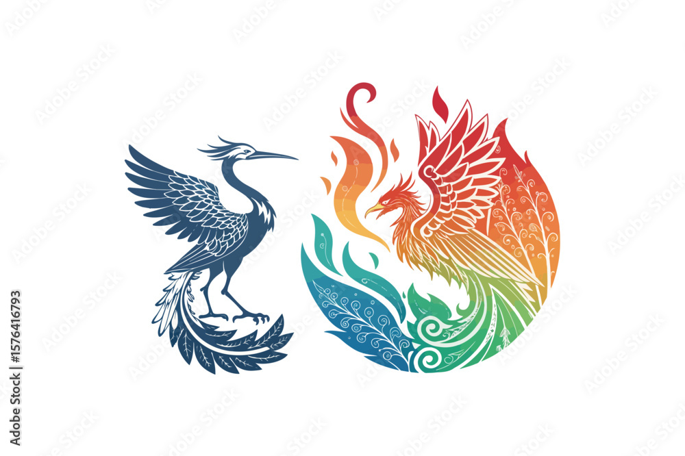 Obraz premium Stork Gradient Fire Phoenix Bird logo Vector On White Background.01