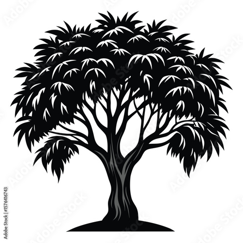 Stylized black deciduous tree with dense foliage and textured trunk leaves branches
