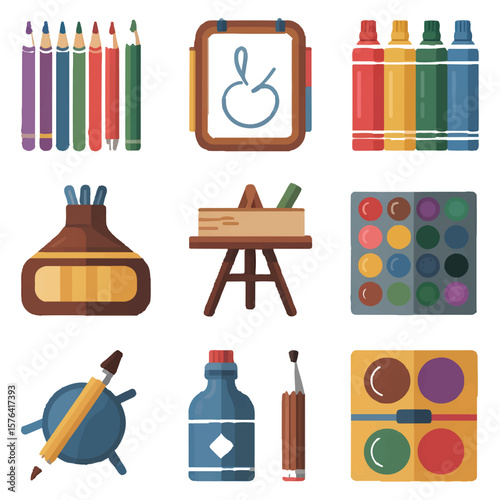 An artists essential kit featuring pencils, paint tubes, ink bottles, palettes, and an easel with canvas