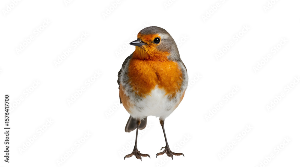 Fototapeta premium A charismatic European Robin displaying its distinctive orange-red breast, elegant posture, and detailed plumage, captured perfectly against a bright white background