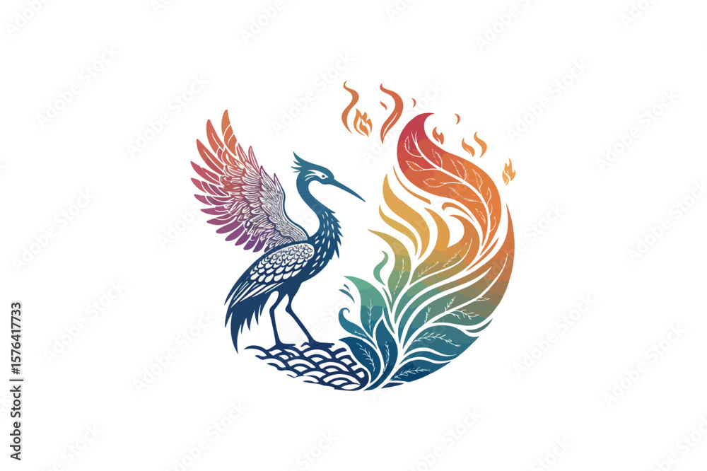 Obraz premium Stork Gradient Fire Phoenix Bird logo Vector On White Background.02
