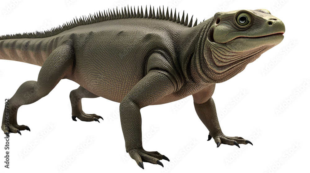 Fototapeta premium Highly detailed 3D render of a formidable reptile, resembling a large lizard or ancient creature, showcasing intricate scales and a powerful stance, isolated on a white background