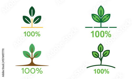 Eco plant symbols with 100 percent text showing natural and organic growth
