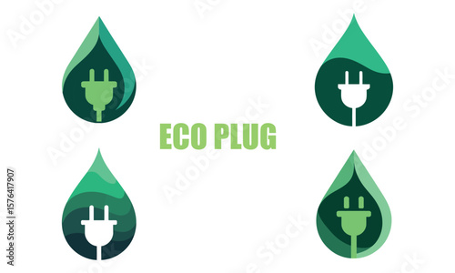 Eco plug icons inside green drops symbolizing renewable energy and sustainability
