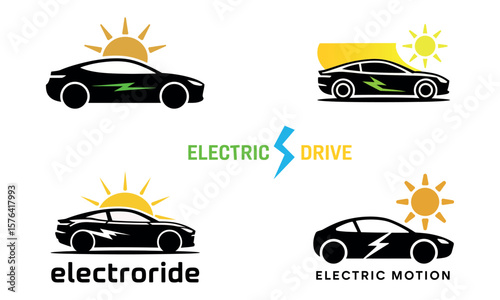Electric car icons with sun and green lightning representing clean energy transport
