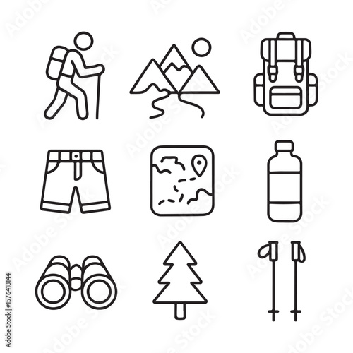 Hiking and Camping Essentials Icon Set