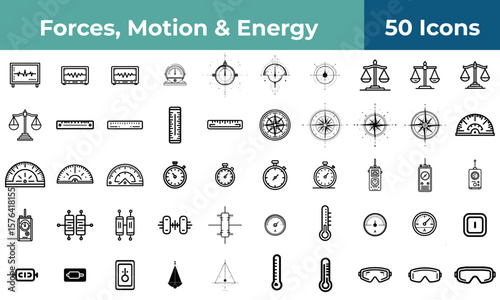 Collection of fifty black and white line art icons representing forces motion and energy themes