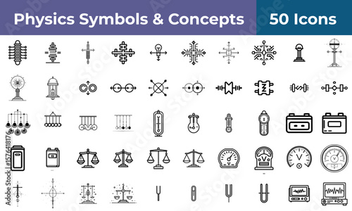 A collection of fifty physics symbols and concepts icons in a line art style arrangement