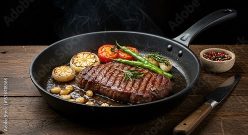 Steak with grilled lemon and asparagus in a cast iron pan on a wooden board on a wooden table
