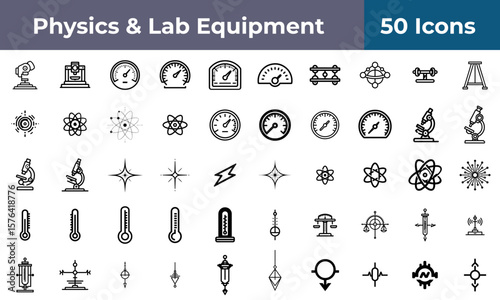 Collection of fifty physics and laboratory equipment icons in black outline on a white background