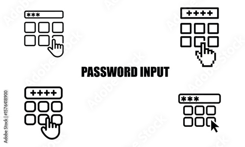 Password input keypad icons with finger tap and secure code entry symbols
