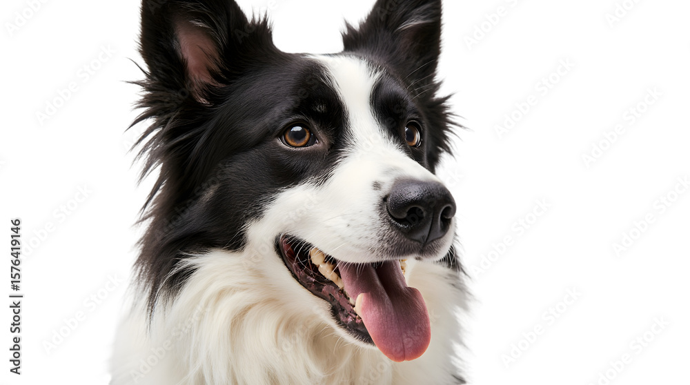 Close-up portrait of a beautiful Border Collie dog with a happy expression, black and white fur, and tongue sticking out against a white background Close-up portrait of a beautiful Border Collie dog with a happy expression, black and white fur, and tongue sticking out against a white background