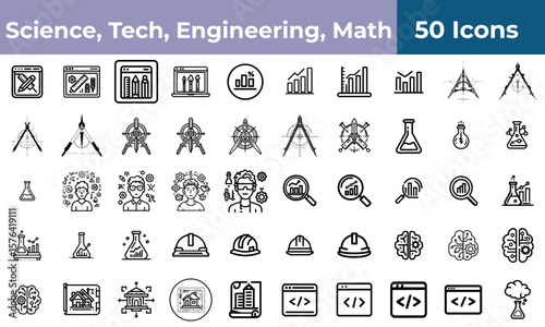 Illustration of science technology engineering and mathematics icons in black and white outline style