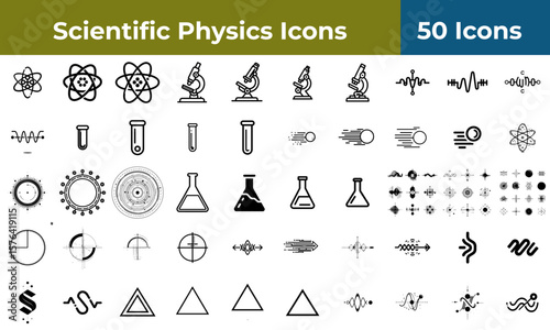 A collection of scientific physics icons featuring atoms, microscopes, and laboratory equipment symbols