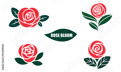 Blooming rose flower icons with red petals and green leaves in flat style
