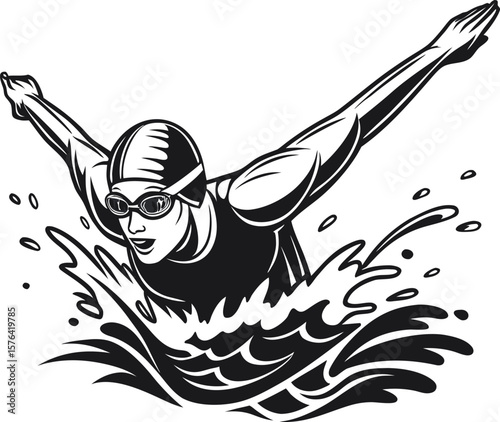 Dynamic Swimmer in Butterfly Stroke: Aquatic Sport and Fitness Illustration