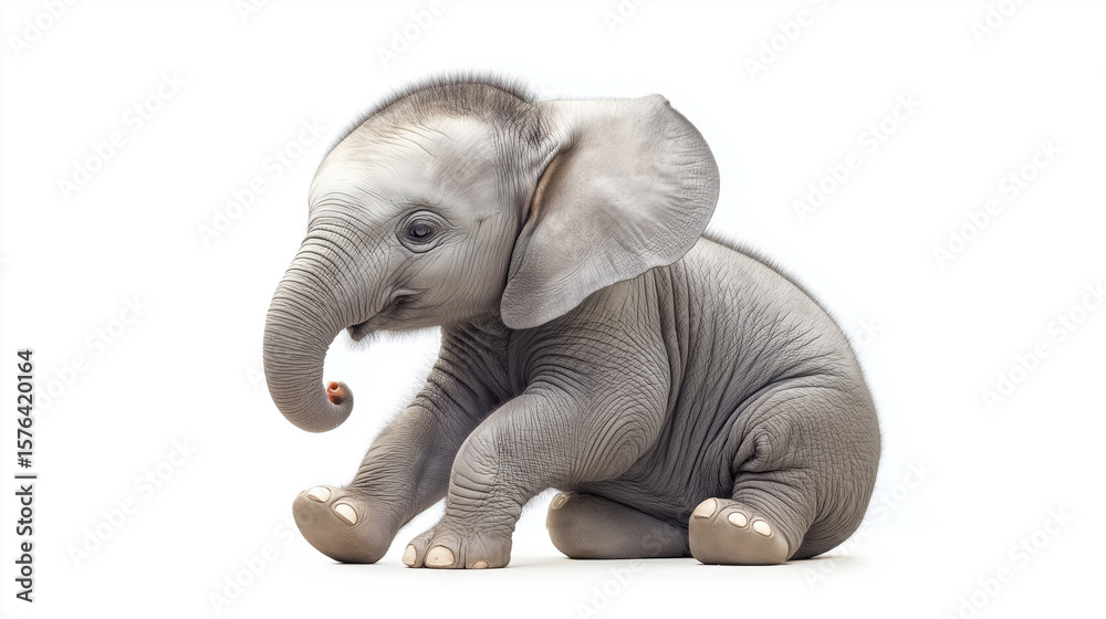 Fototapeta premium AI generator images of baby elephant standing on a white background ,charming baby elephant sits on a white surface, its trunk curled and large ears spread, looking directly at the viewer.