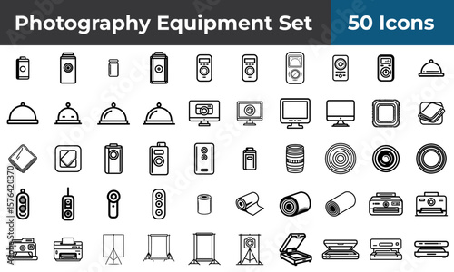 A collection of fifty photography equipment icons displayed in a neat and organized manner on white