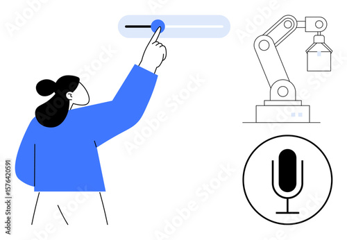Person adjusting a slider control, robotic arm indicating automation, microphone icon representing voice command. Ideal for technology, innovation, smart devices, AI, communication, automation